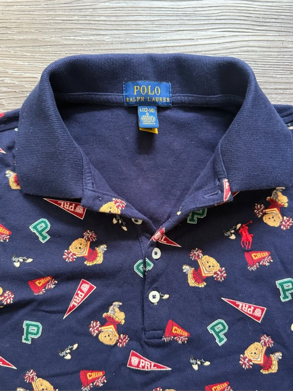 Ralph Lauren Navy Kids Polo with Cheer Bear and Pennant Print